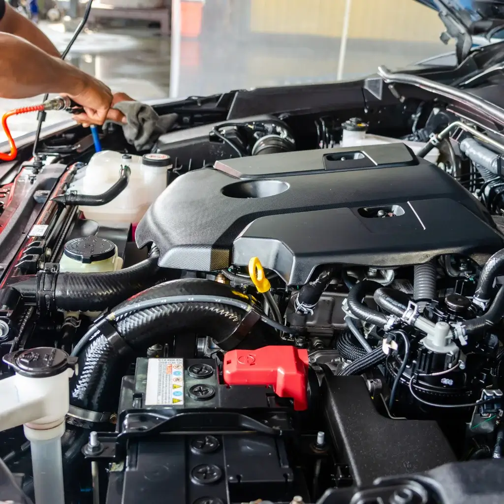 Engine bay being cleaned and dressed by hand