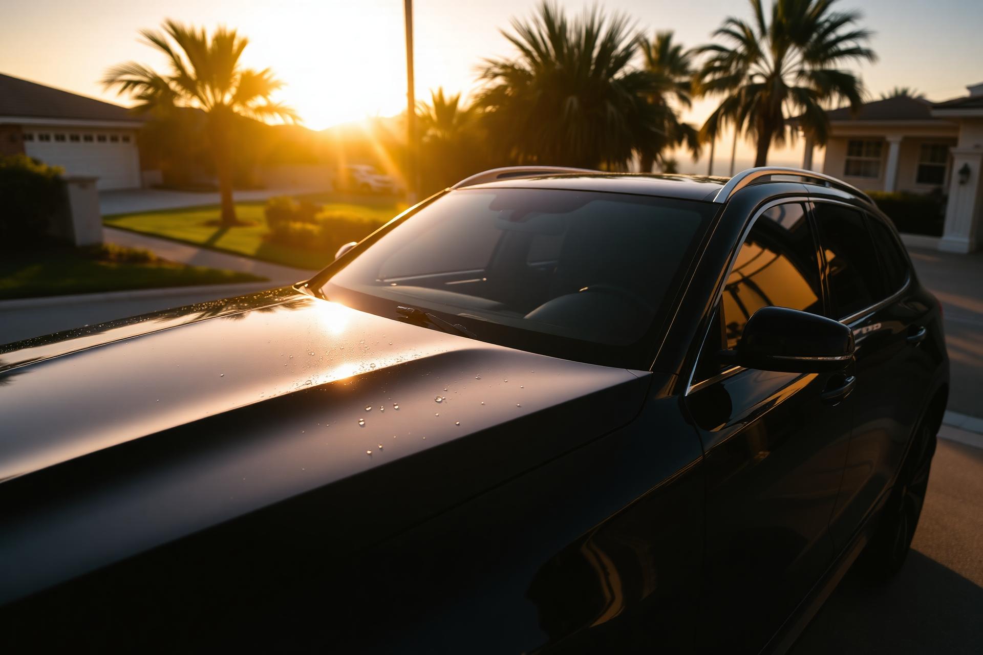Freshly detailed luxury SUV on a South Orange County driveway at sunset